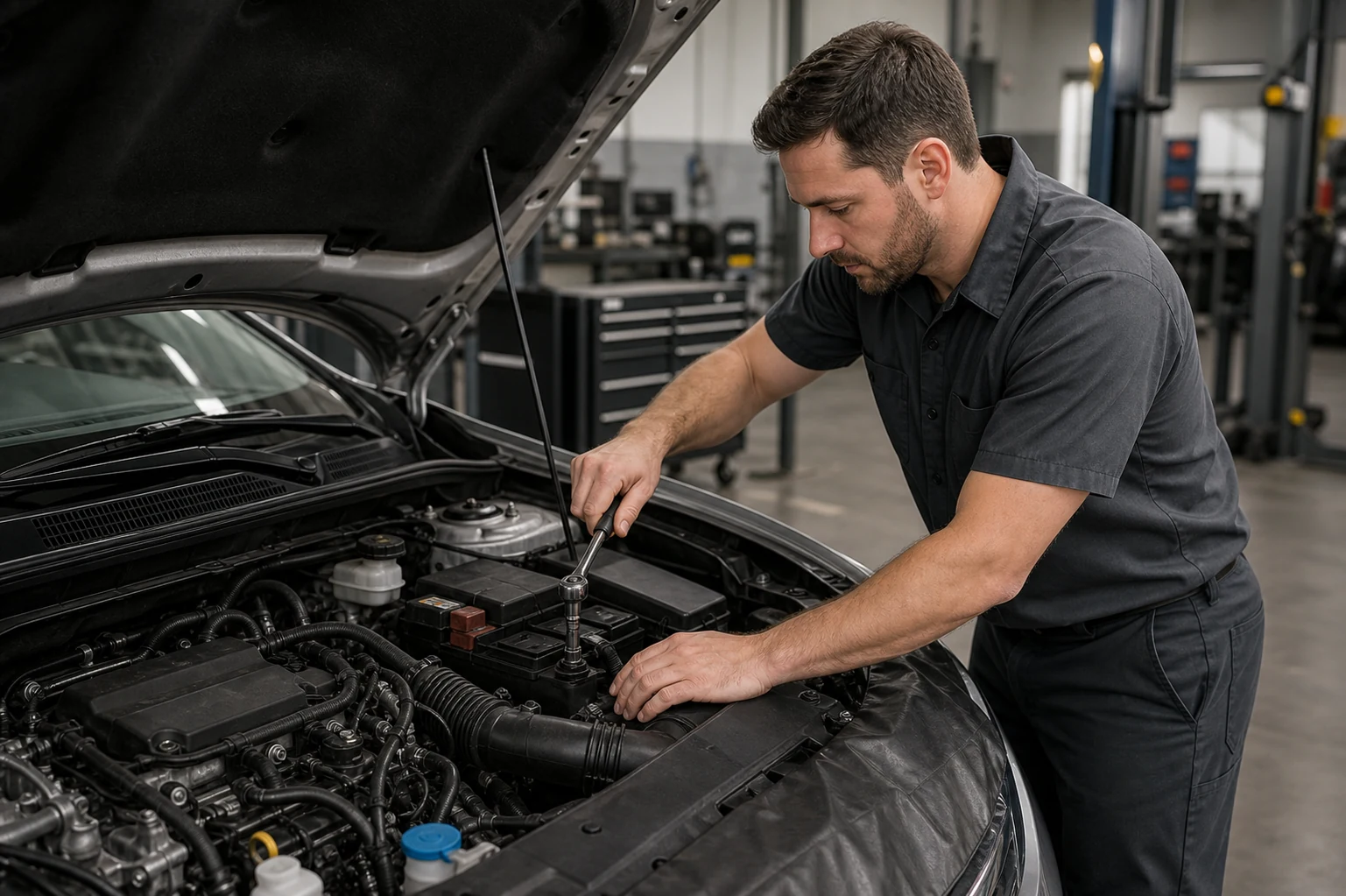 Mechanic working in an engine bay