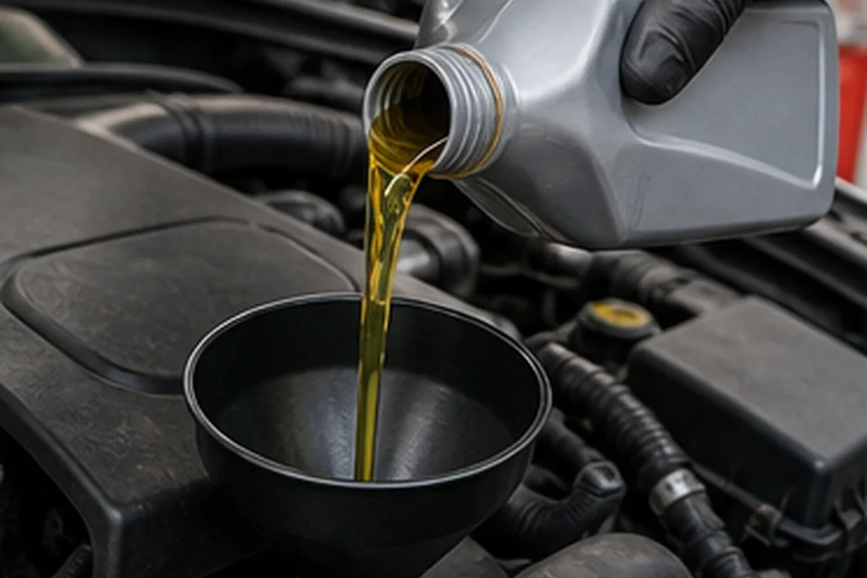 Fresh motor oil being added to an engine