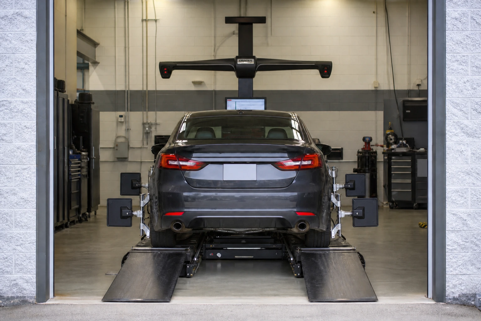 Vehicle on a wheel alignment rack